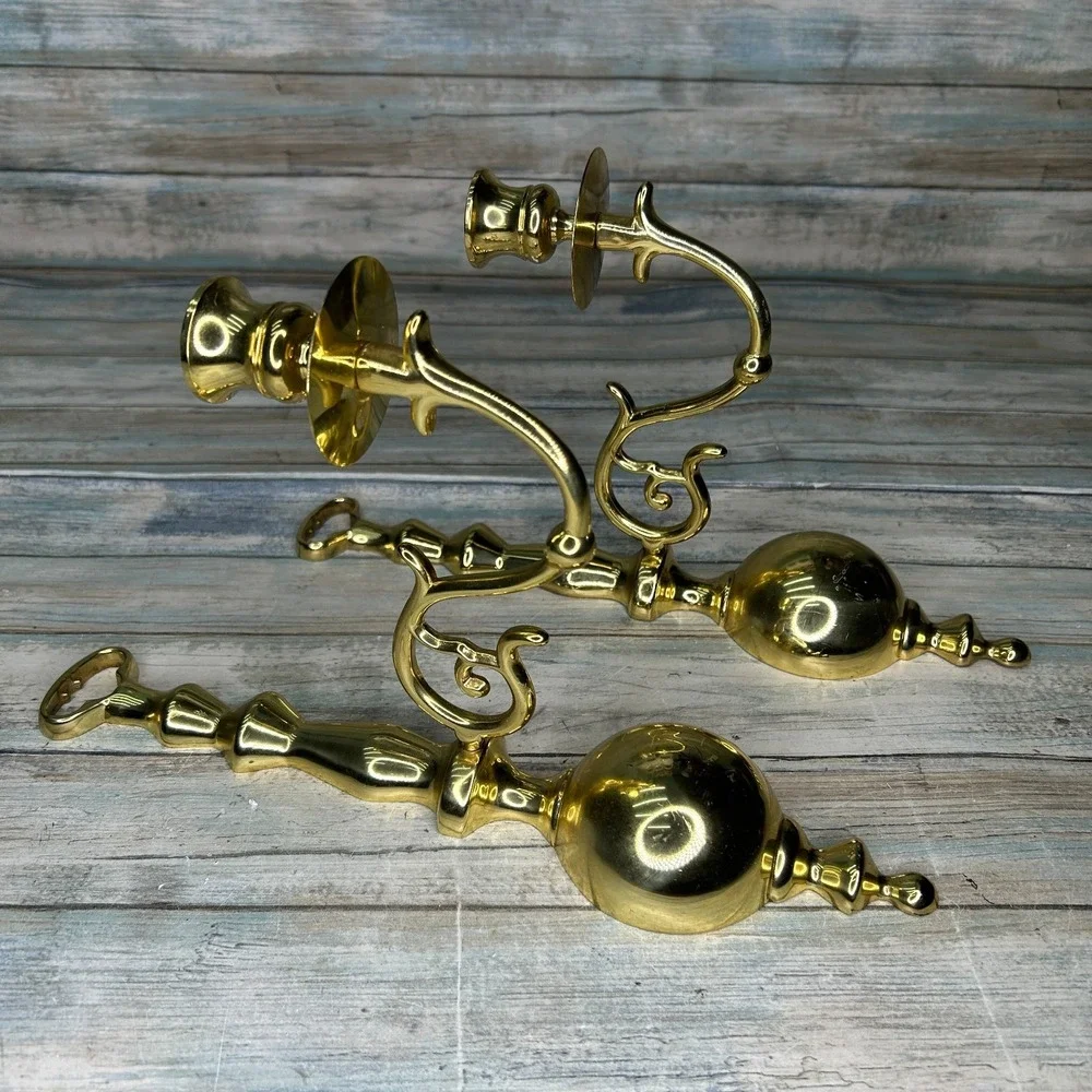 Brass Wall Sconce Candle Stick‎ Holders Pair Single Arm Regency Vintage